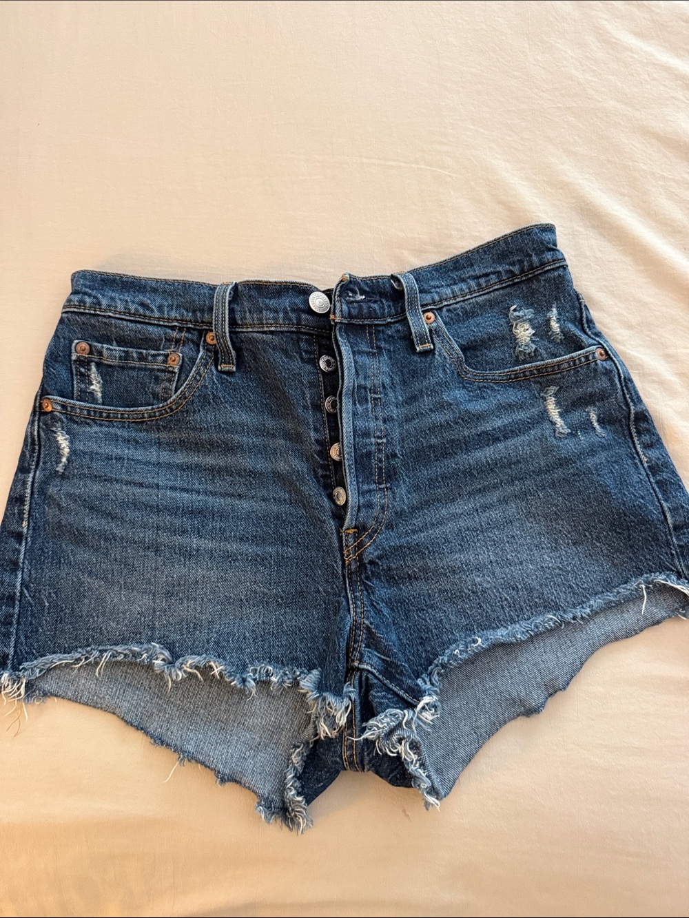 Levi's Dark Blue Distressed High-Rise Jean Shorts